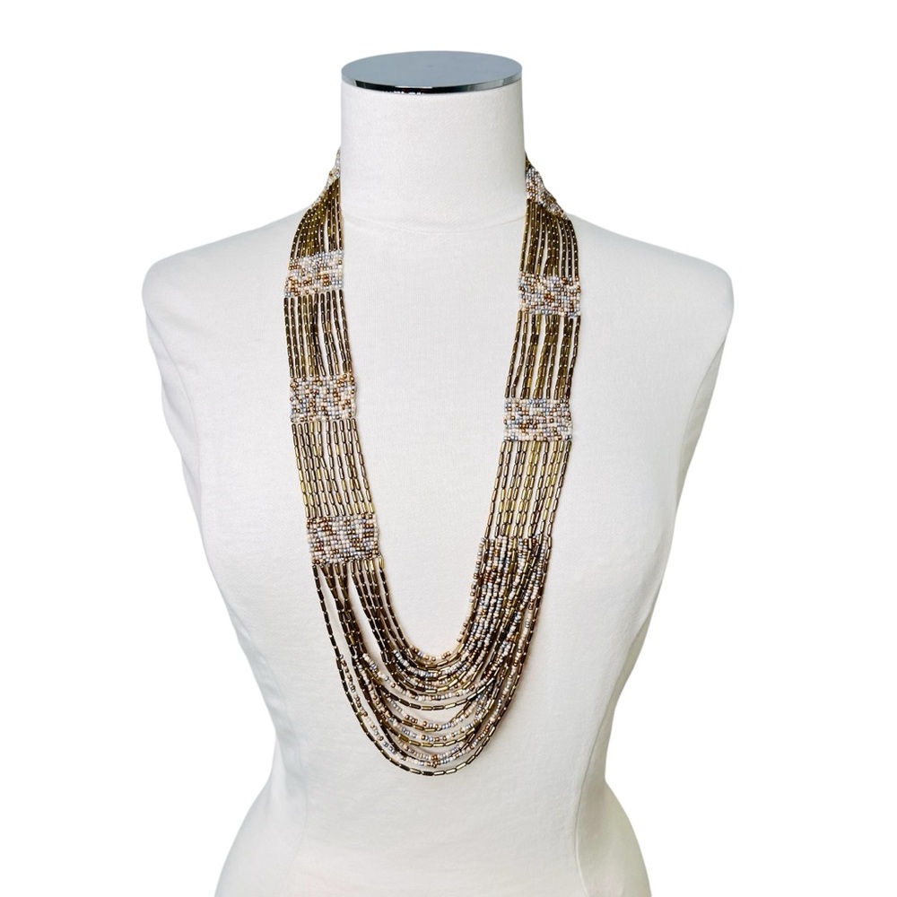 New LOFT Multi Strand Gold Pink Beaded Statement Necklace OS